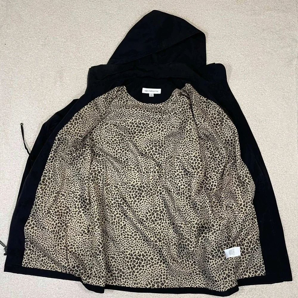 Liz Claiborne Womens Black Anorak Jacket Leopard Lining XL Drawstring Waist - Picture 4 of 12